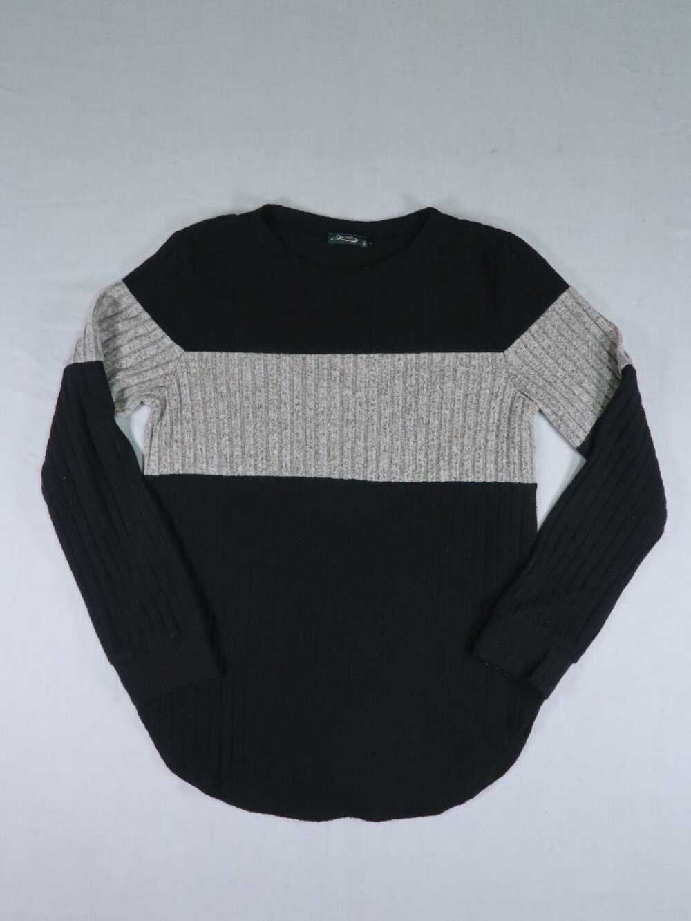 Ofeefan Black Gray Colorblock Ribbed Long Sleeve Top Small Minimalist Fall